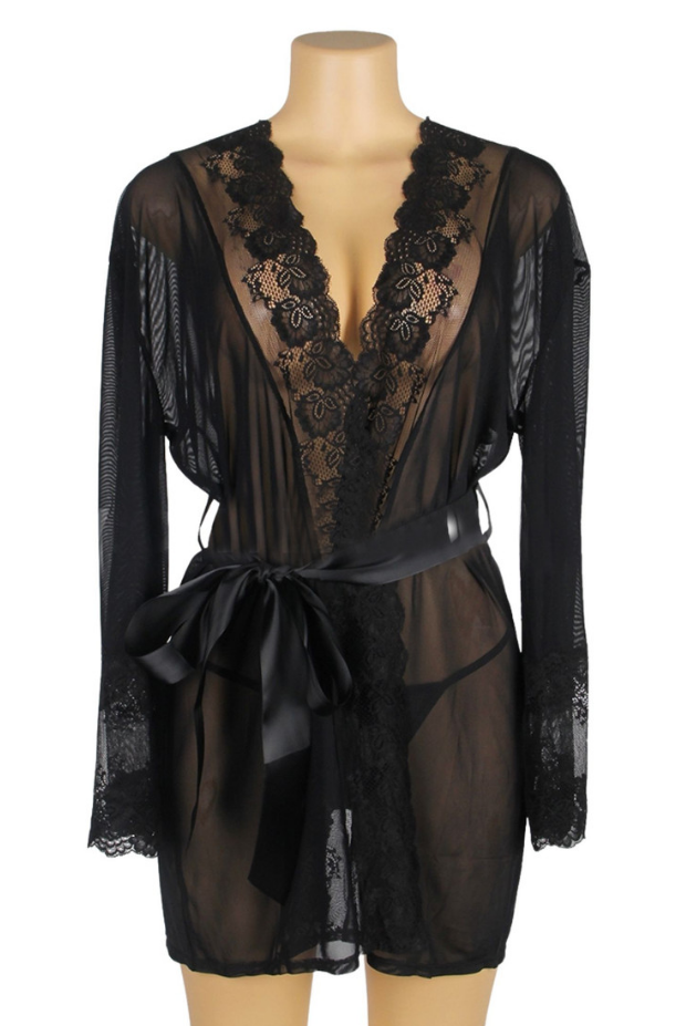 Curvy Elegant Satin Eyelash Lace Long Sleeve Short Robe Sleepwear