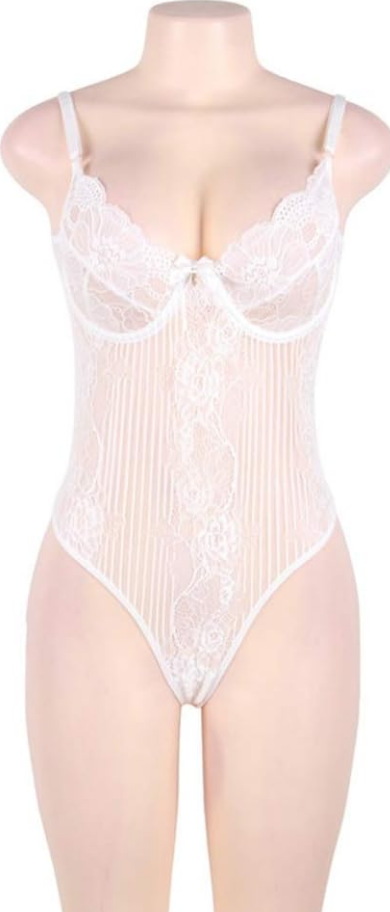 Plus Size White Glamour Underwire Hollywood Sheer Lace Teddy With Stee Plus Curvves 0212