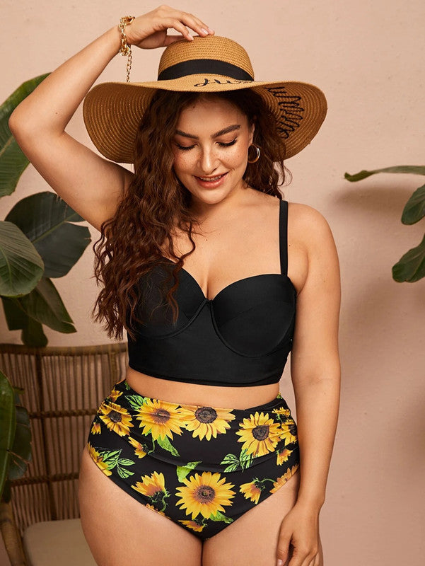 Sexy Sunflower Print High Waist Bikini Plus Curvves