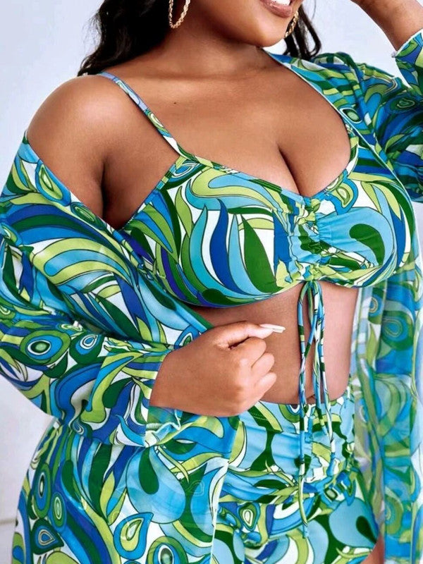 Plus Size 3 Piece Tropical Print Drawstring Bikini Set With Matching C