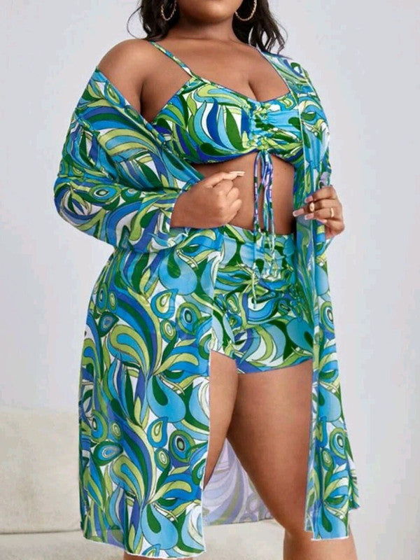 Plus Size 3 Piece Tropical Print Drawstring Bikini Set With