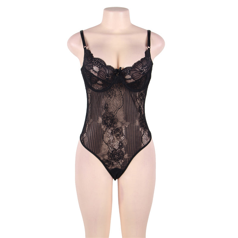 Plus Size Wine Red Glamour Underwire Sheer Lace Teddy