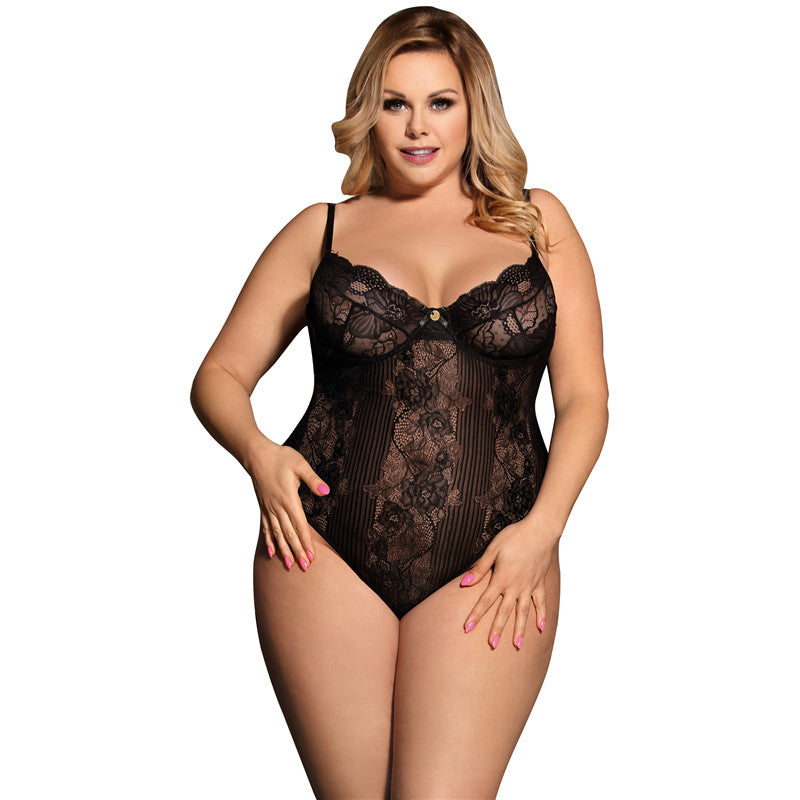 Womens Plus Size Embroidered Floral Sheer Teddy Bodysuit Lingerie Ruched  Bottom