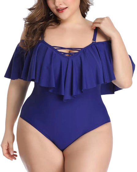 Plus Size Swimwear Blue Color Ruffled One Piece Set Off The Shoulder Plus Curvves 8020