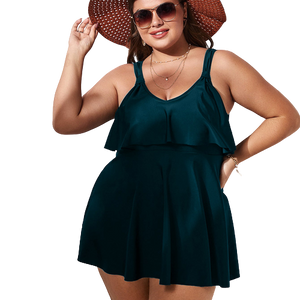 Plus Plain Green Ruffle Hem Bikini Swimsuit