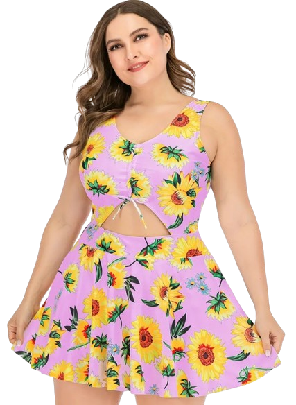 Plus Size Swimdress Floral Halter One Pieces Tankini Soft Pink