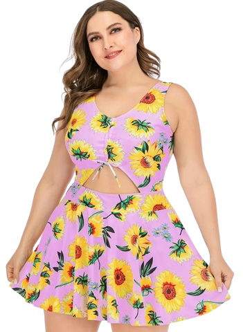 Plus Size Swimdress Floral Halter One Pieces Tankini Soft Pink