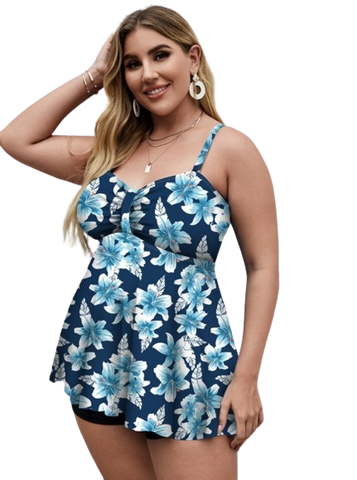 Plus Size Floral Print Swim Dress With Shorts Sky Blue