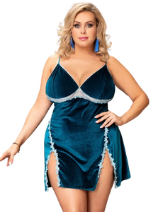 Velour Embroidery Plus Size Blue Nightdress With G String