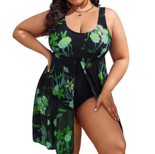 Plus Floral Print Dark Green Split One Piece Swimsuit