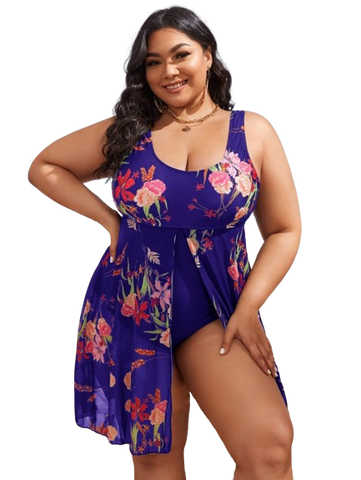 Plus Floral Print Blue Split One Piece Swimsuit