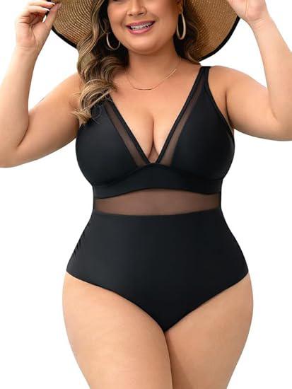 Mesh Sheer V Neck Tummy Control Swimsuit with Adjustable Wide Straps Black