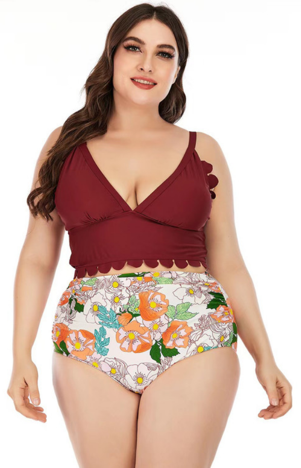 Plus Size High Waist Swimsuit Floral Print Maroon