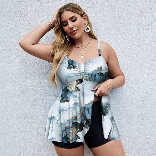 Plus Size Floral Print Swim Dress With Shorts Silver