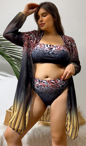 Plus Size Gradient Color Leopard Printing 3piece Swimsuit Multicolor