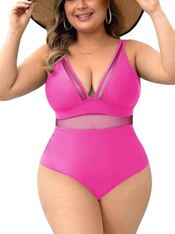 Mesh Sheer V Neck Tummy Control Swimsuit with Adjustable Wide Straps Pink