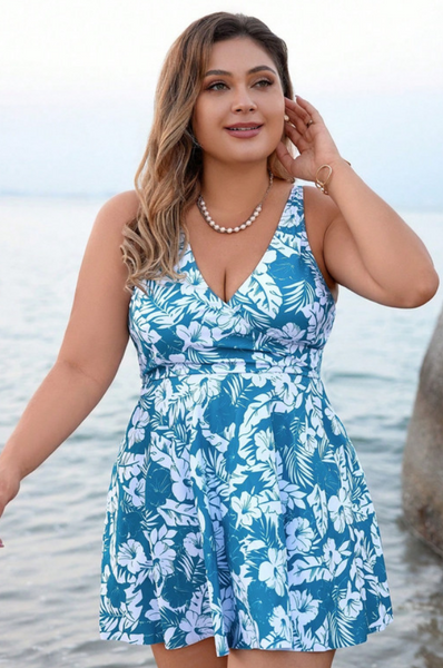 Plus Size Floral Print Summer Beach Two-Piece Swimsuit Sky Blue