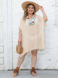 Plus Ethnic Crochet Tassel Coverup V Neck Beach Wear light Brown