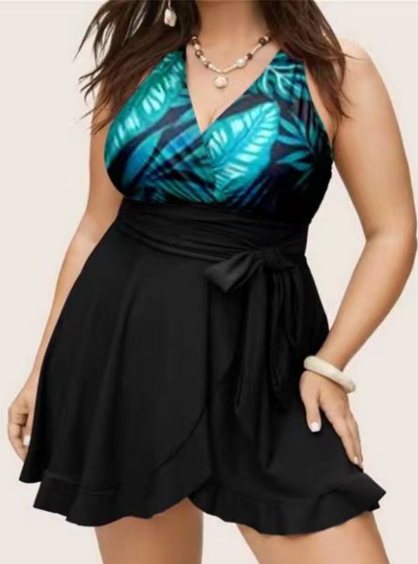 Plus Size Plain Ties Wrap Flutters One Piece Swim Dress Multicolor