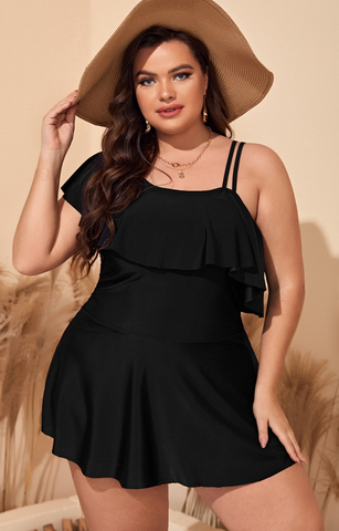 Black Plus Ruffle Trim Asymmetrical Swim Dress With Bikini Bottom