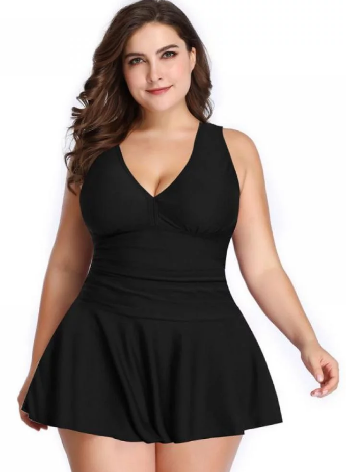 Swimdress Two Piece Retro V-Neck Swimsuit with Ruffles Solid Black