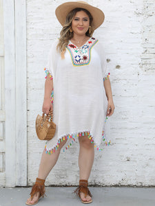 Plus Ethnic Crochet Tassel Coverup V Neck Beach Wear White