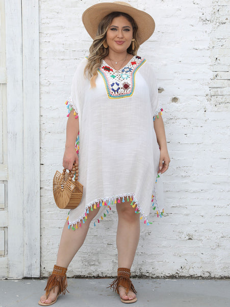 Plus Ethnic Crochet Tassel Coverup V Neck Beach Wear White