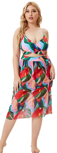 Plus Size Print Tie-up Bra, Underwear and Skirt Bikini Three Piece Set Multicolor