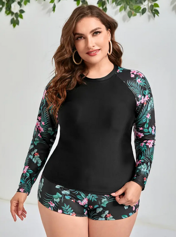Plus Tropical Print Raglan Sleeve High Neck Tankini Black