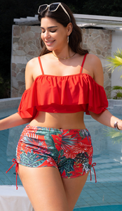 Plus Size Tankini Set with Ruffled Off-Shoulder Crop Top & Tropical Print Shorts Red