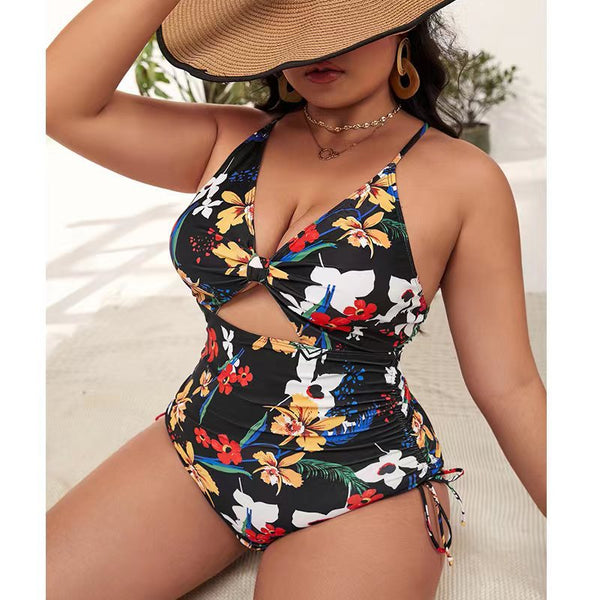 Plus Size Black Floral Print Cutout Drawstring One Piece Monokini