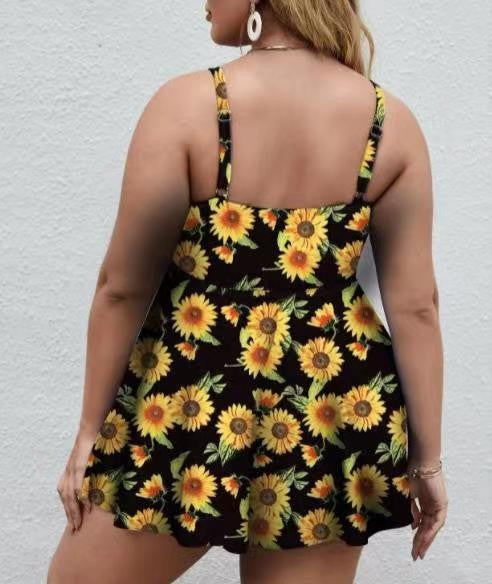 Plus Size Floral Print Swim Dress With Shorts Yellow Print