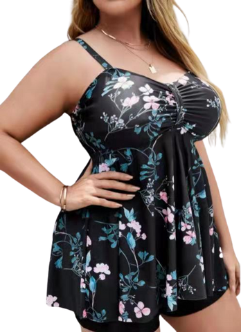 Plus Size Floral Print Swim Dress With Shorts Black