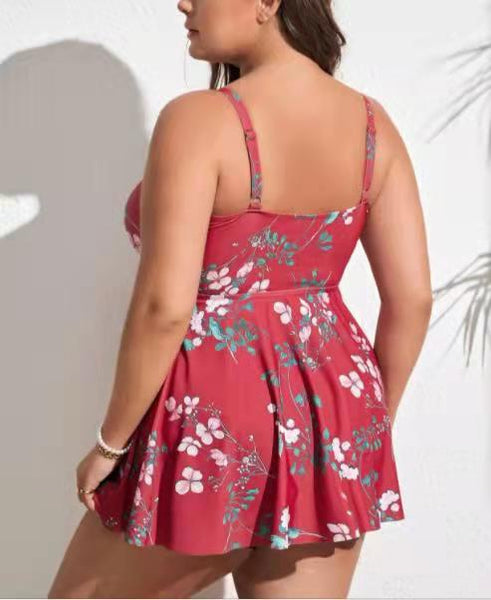 Plus Size Floral Print Swim Dress With Shorts Red