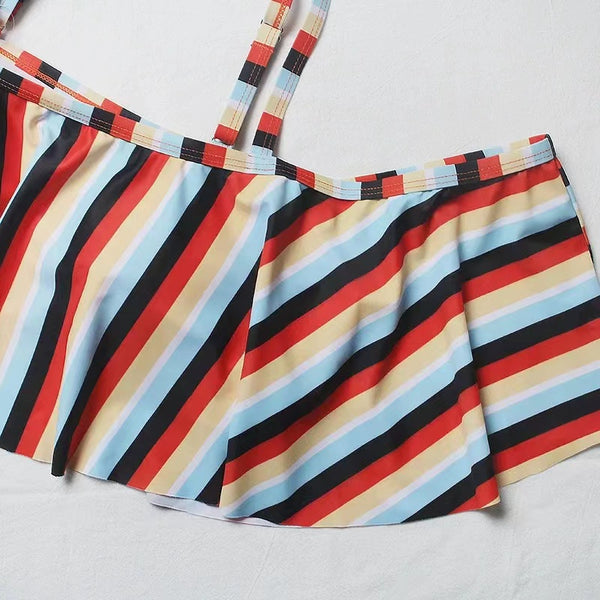 Plus Striped Orange Flounce High Waisted Bikini Swimsuit