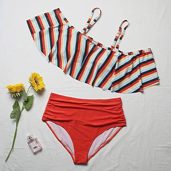 Plus Striped Orange Flounce High Waisted Bikini Swimsuit