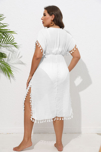 Plus Short-Sleeve V-Neck Fringed Plain Dress White