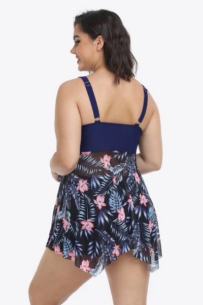 Plus Size Floral Two-Tone Asymmetrical Hem Two-Piece Tankini Blue