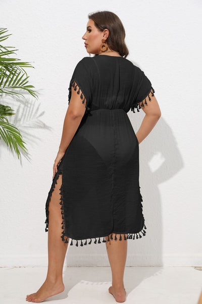 Plus Short-Sleeve V-Neck Fringed Plain Dress Black