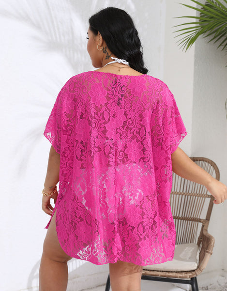Plus Size See Through Lace Mesh Beach Cover Up Casual Dress Dark Pink