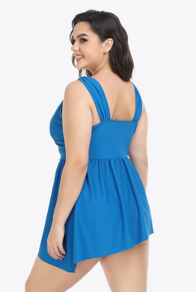 Plus Size Plunge Sleeveless Two-Piece Tankini Swim Dress Sky Blue