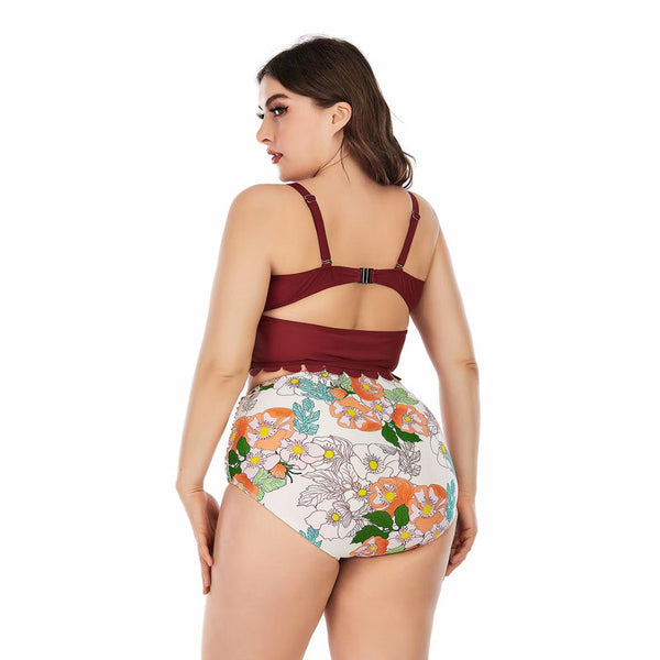 Plus Size High Waist Swimsuit Floral Print Maroon