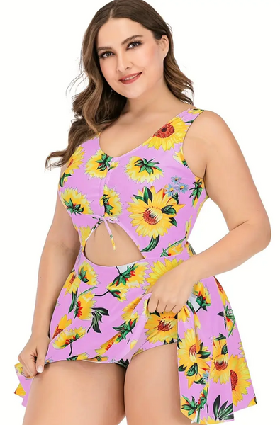 Plus Size Swimdress Sunflower Halter One Pieces Tankini Soft Pink