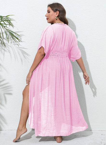 Plus Size Hollow Out Crochet Waist Tied Solid Beach Cover Up Pink