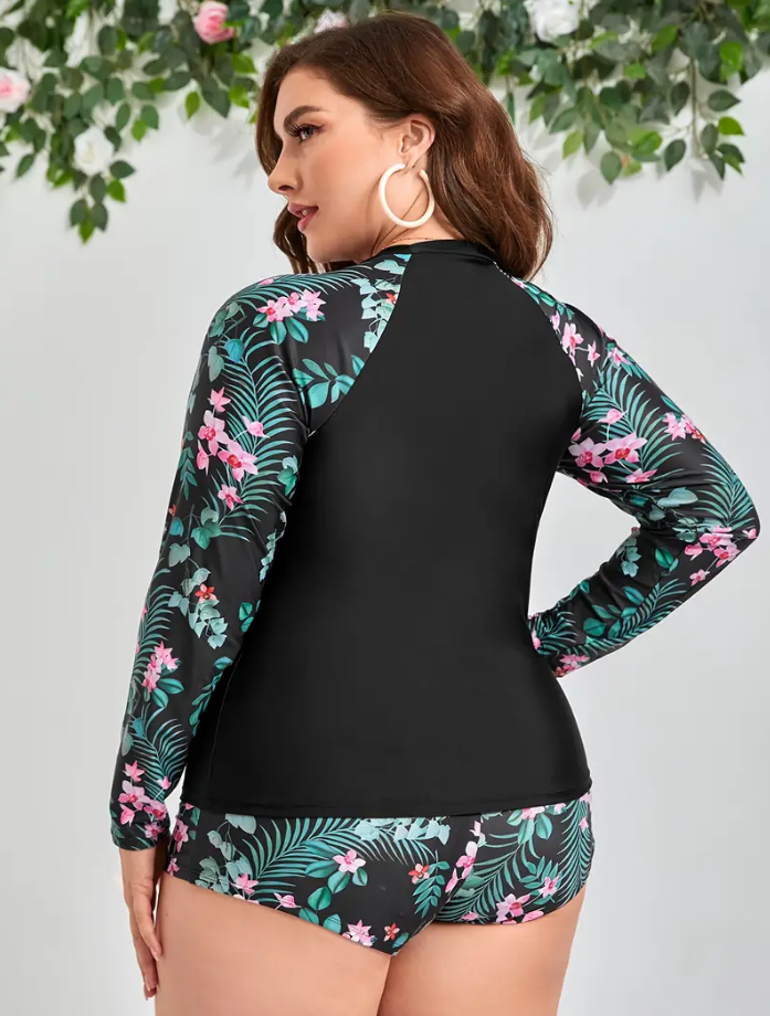 Plus Tropical Print Raglan Sleeve High Neck Tankini Black – Plus Curvves