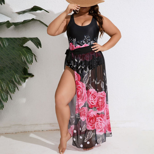 Plus Flower Print Shoulder Strap One Piece Swimsuit With Cover Up Black