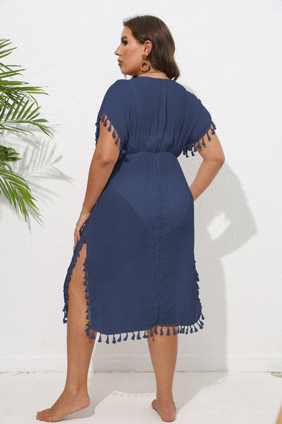 Plus Short-Sleeve V-Neck Fringed Plain Dress Blue