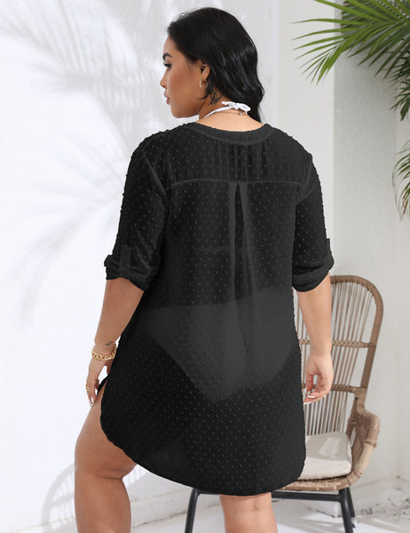 Plus Size V-neck Polka Dot Jacquard Chiffon Beach Cover-up Shirt Dress Black