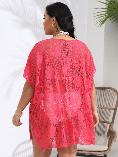 Plus Size See Through Lace Mesh Beach Cover Up Casual Dress Light Orange