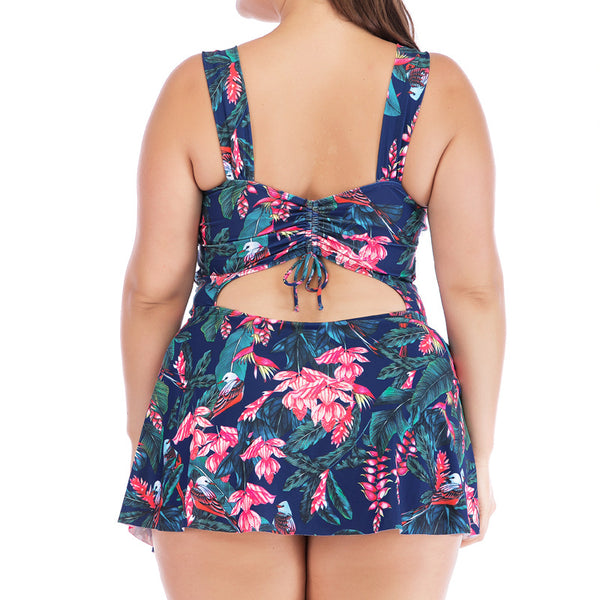 Plus Size Wide Straps Drawstring Tummy Floral Print Swimsuit Multicolor